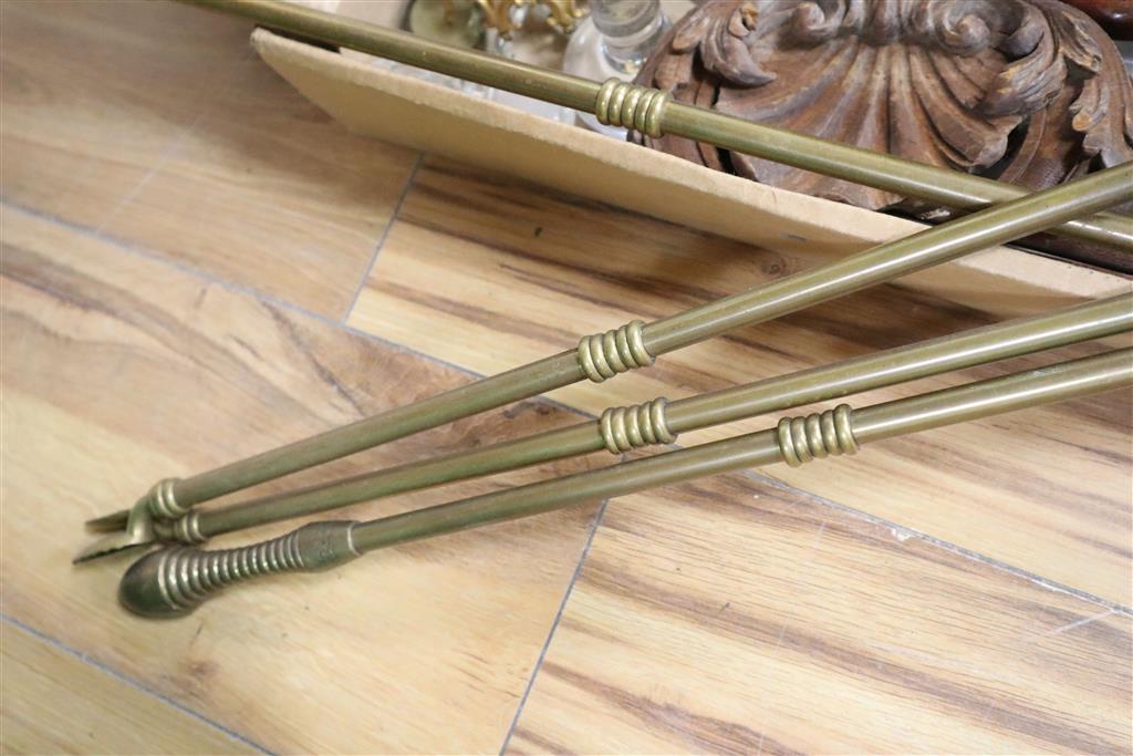 Sundry fire irons and wooden tripods